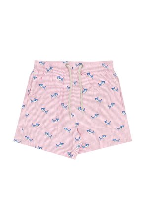 Pantaloncini da bagno vichy rosa con motivi di squali blu e vita con coulisse bianca.