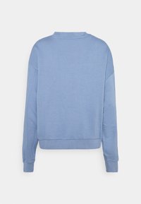 Sweat-shirt bleu clair à manches longues avec poignets et ourlet côtelés, encolure ronde, présenté de dos sur un fond blanc uni.