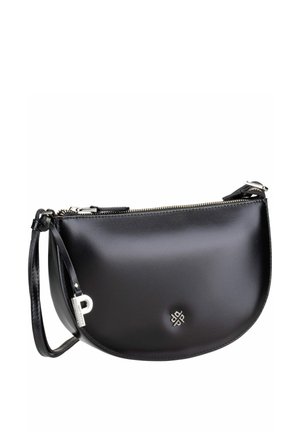 Black leather handbag featuring a curved shape, zip closure, short strap, and a metallic logo accent on the front. Smooth texture, sleek design.