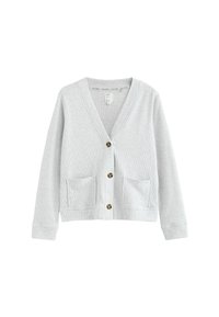 Gray cardigan made of ribbed fabric, featuring a V-neckline, four buttons, two front pockets, and long sleeves.