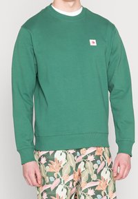 Sudadera verde de cuello redondo hecha de una tela suave, con un dobladillo y puños acanalados, y un pequeño parche con el logo en el pecho.