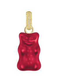 Roter Gummibär-Anhänger mit glatter, matter Oberfläche. Verfügt über eine goldfarbene Öse, die mit klaren Strasssteinen verziert ist. Geformt wie ein klassisches Bonbon.