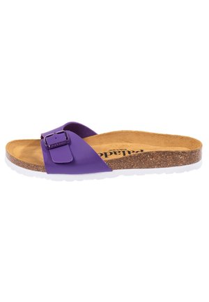 Purple slide sandal with a single strap and adjustable buckle. Cork insole and a white rubber outsole. Smooth, matte texture.