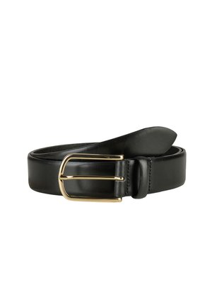 Black leather belt rolled with a shiny gold rectangular metal buckle against a white background.