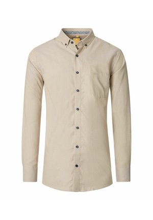 Beige langærmet skjorte med knapper, knapper ned i kraven og brystlomme, med kontrast mørke knapper og ternet kant på kraven.