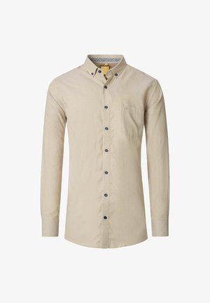 Beige langærmet skjorte med knapper, knapper ned i kraven og brystlomme, med kontrast mørke knapper og ternet kant på kraven.