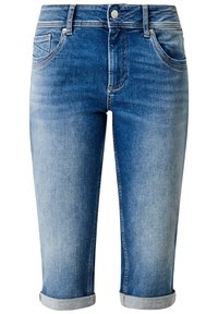 Modré džínové kraťasy po kolena s ohrnutými manžetami, předním zapínáním na knoflík a pěti kapsami.