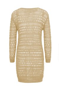 Abito maglione beige con maniche lunghe, caratterizzato da motivi traforati a cuori e cerchi, finitura testurizzata e scollo a barchetta.