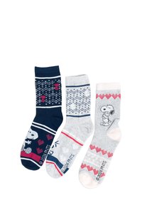 Tre paia di calze: blu con motivi bianchi, rosa e grigi; grigie con accenti pastello e grafiche di cartoni animati; materiale morbido in misto cotone.