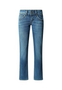 Jean en denim bleu à coupe droite, fermeture à deux boutons, cinq poches et légère décoloration. Présente des coutures contrastantes et un léger effet de whiskering.
