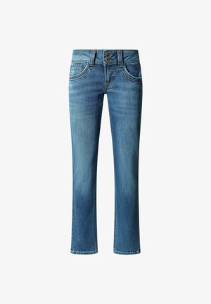 Modre jeans hlače s ravnim krojem, zapiranje z dvema gumboma, pet žepov in subtilno stanjšanjem. Imajo kontrastno šivanje in rahlo zbledelost.