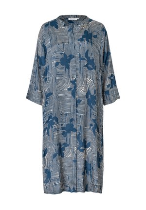 Flowing blue dress with a floral and striped pattern, featuring short sleeves and a round neckline, made from a soft, lightweight fabric.