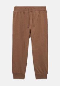 Brune joggers lavet af blød stof, med en elastisk talje med snoretræk og elastiske manchetter ved anklerne.