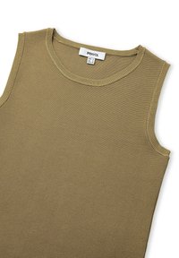 Top sin mangas de color verde oliva con escote redondo. Fabricado en tela acanalada, con una textura suave y costuras en contraste.