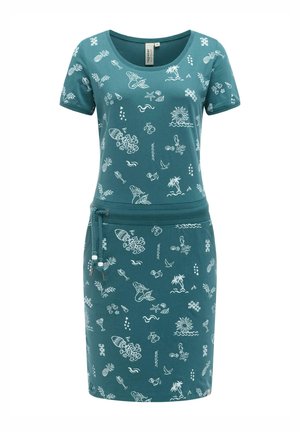 Turkis kortermet kjole med hvitt tropisk mønster, rund halslinning og justerbar midjesnøring med perler.