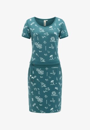 Kortærmet kjole i blågrøn farve med hvidt tropisk print, rund halsudskæring og justerbar taljesnøre med perler.