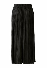 Zwarte geplisseerde rok met een elastische tailleband, volle lengte, lichtgewicht stof, verticale lijnen en een gladde textuur.