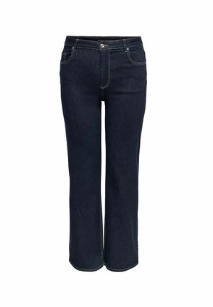 Jeans en denim bleu foncé avec une coupe droite, présentant une fermeture à bouton à l'avant, cinq poches et des détails de couture contrastés.