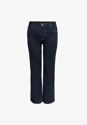 Dark blue denim jeans with a straight leg design, featuring a front button closure, five pockets, and contrast stitching details.