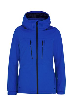 Blauwe waterdichte jas met een capuchon, voorzien van twee met rits gesloten voorzakken, zwarte ritsen en ventilatiegaatjes op de capuchon.