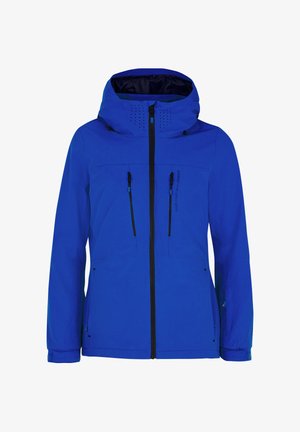 Blaue wasserdichte Jacke mit Kapuze, ausgestattet mit zwei Reißverschlusstaschen vorne, schwarzen Reißverschlüssen und Belüftungslöchern an der Kapuze.