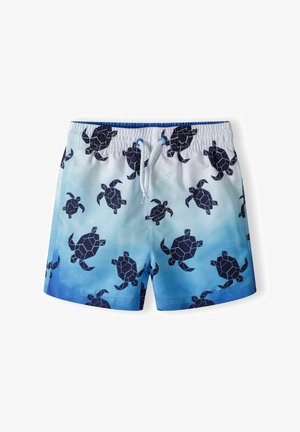 Swim shorts made of lightweight fabric, featuring a blue gradient with black geometric turtle patterns and an elastic waistband with drawstring.