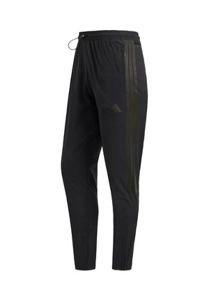 Black athletic pants with an elastic waistband, drawstring, and three dark stripes on the sides. Made from lightweight, smooth fabric.