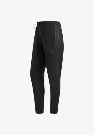 Black athletic pants with an elastic waistband, drawstring, and three dark stripes on the sides. Made from lightweight, smooth fabric.