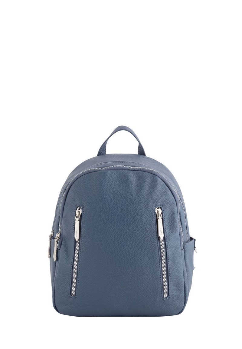 Sininen muovinen nahkareppu, jossa on pyöreä muoto, varustettuna hopeanvärisillä vetoketjuilla ja yläpäällä olevalla kahvalla. Kaksi etupussia lisävarastointia varten.