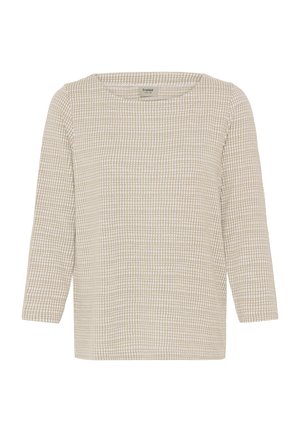 Top bej cu mâneci lungi, model pătrat în grilaj, guler rotund și croială ușor largă. Țesătura texturată oferă o adâncime subtilă.