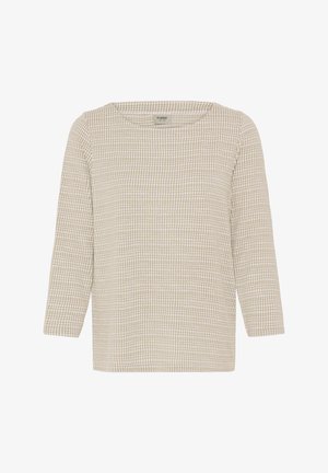 Smėlinio atspalvio ilgomis rankovėmis palaidinė su kvadrato formos tinklelio raštu, apvaliu iškirpimu ir šiek tiek laisvesniu siluetu. Tekstūruota medžiaga suteikia subtilų gylį.