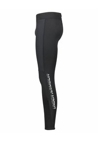 Leggings de sport noirs avec un design ajusté, arborant un logo de marque blanc sur le côté, et une ceinture texturée pour plus de confort.