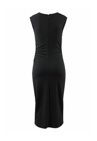 Černé šaty bez rukávů s přiléhavým siluetou, zdobené nabíraným detailem na boku a diskrétním zipem na zadní straně. Hladká, elastická tkanina.