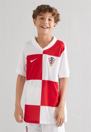 Kroatisches Nationalfußballtrikot mit rot-weißem Schachbrettmuster, kurzen Ärmeln und einem V-Ausschnitt mit gesticktem Logo.