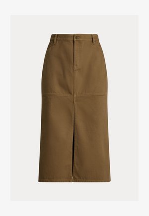 Brąskowa bawełniana spódnica midi z rozcięciem z przodu, dwiema bocznymi kieszeniami i detalami przeszycia. Prosty krój i strukturalny design.