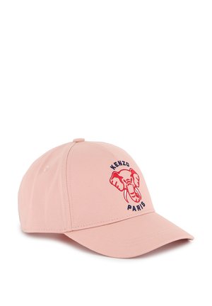 Pink cotton cap with a curved brim, featuring a red elephant graphic and "KENZO PARIS" embroidered in blue around it.