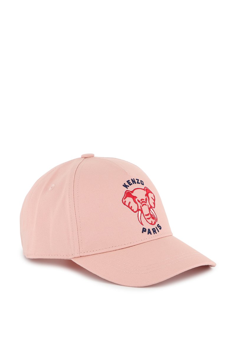 Pink cotton cap with a curved brim, featuring a red elephant graphic and "KENZO PARIS" embroidered in blue around it.