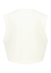Witte cropped top zonder mouwen van textuurstof met een golvend patroon. Rond decolleté en een nette zoom. Eenvoudig en modern ontwerp.
