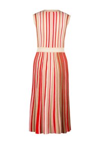 Knit dress with vertical stripes in red, pink, beige, and brown. Sleeveless design with a fitted bodice and flared hem, featuring a matching belt.
