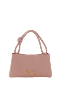 Borsa in pelle rosa con una texture liscia, manico a nodo e accento dorato del logo. Forma rettangolare con apertura con zip.