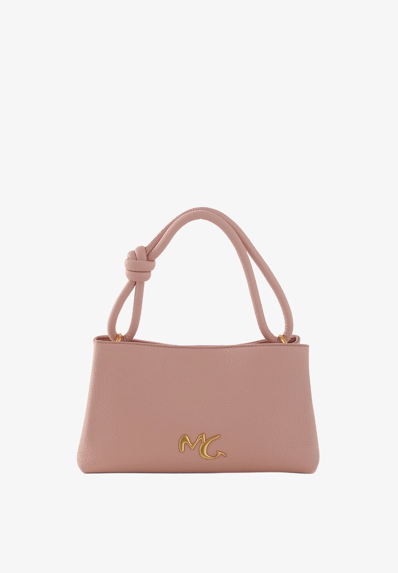 Borsa in pelle rosa con una texture liscia, manico a nodo e accento dorato del logo. Forma rettangolare con apertura con zip.
