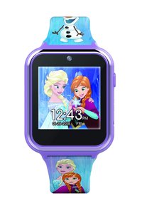 Smartwatch viola con un touchscreen rettangolare che mostra personaggi animati. Cinturino decorato con immagini a tema Frozen, inclusi fiocchi di neve.