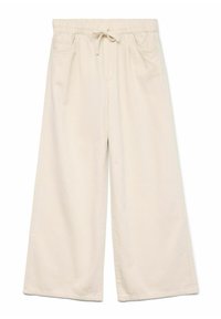 Kremkrāsas platā kāja bikses ar elastīgu jostu un saiti, kurām ir divas priekšējās kabatas un gluda, mīksta tekstūra.