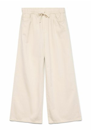 Kremowe spodnie o szerokich nogawkach z elastycznym pasem i sznurkiem, posiadające dwie przednie kieszenie oraz gładką, miękką teksturę.