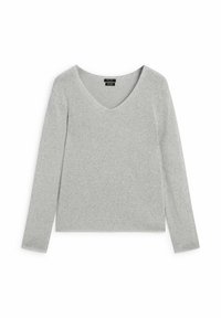 Light gray V-neck long-sleeve top made from soft knit fabric, featuring a relaxed fit and subtle textural detail throughout.