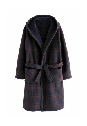 Karierter Bademantel in Dunkelblau und Burgunderrot. Aus weichem Fleece gefertigt, hat er eine Kapuze, einen umschlungenen Gürtel und zwei Fronttaschen. Lange Ärmel.