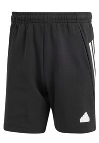 Shorts sportivi neri con cintura elastica, caratterizzati da strisce bianche ai lati e un piccolo logo bianco sul lato destro inferiore. Texture del tessuto morbida.