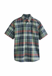 Kurzarmhemd mit Karomuster in einer Mischung aus Grün, Marineblau und Rot, mit einem Button-Down-Kragen und einer aufgenähten Brusttasche.