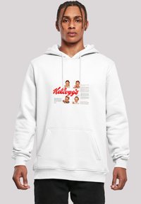 White hooded sweatshirt featuring a front graphic of four photo cut-outs and "Kellogg's" logo in bold red, with a front pocket and ribbed cuffs.