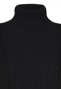 Schwarzer, grob gestrickter Rollkragenpullover mit dickem Rippkragen und strukturierten, vertikalen Zopfmustern auf dem Stoff.